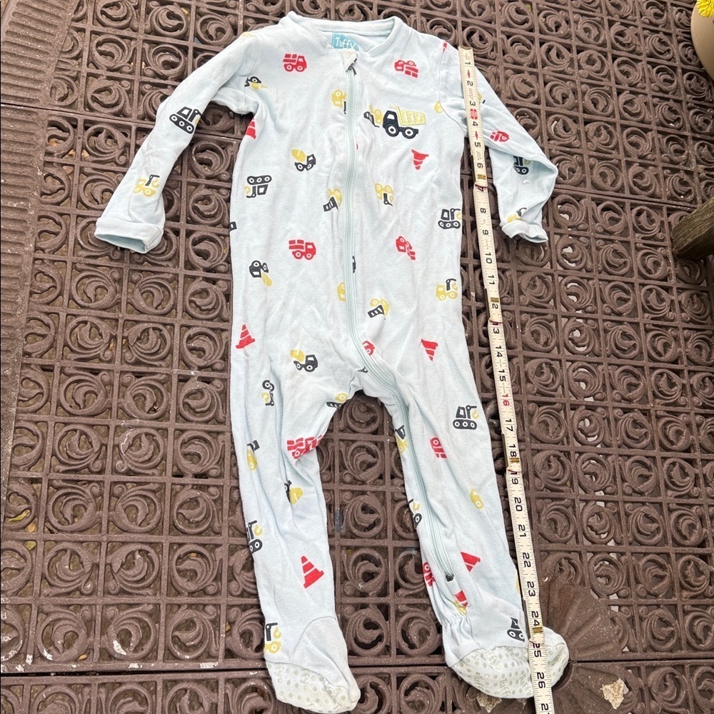 Tuffy Cotton Blue Footed Baby footed sleeper with Vehicle Prints. 18 mo